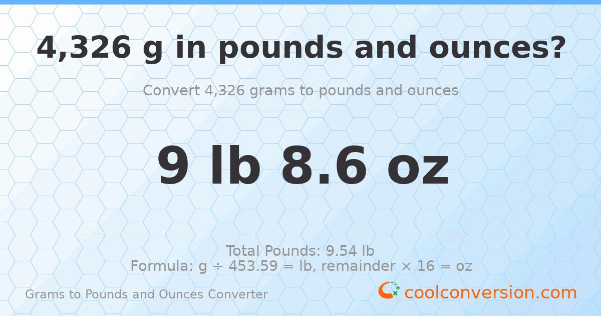 4326 g to lb and oz — 4326 g = 9 lb 8.6 oz
