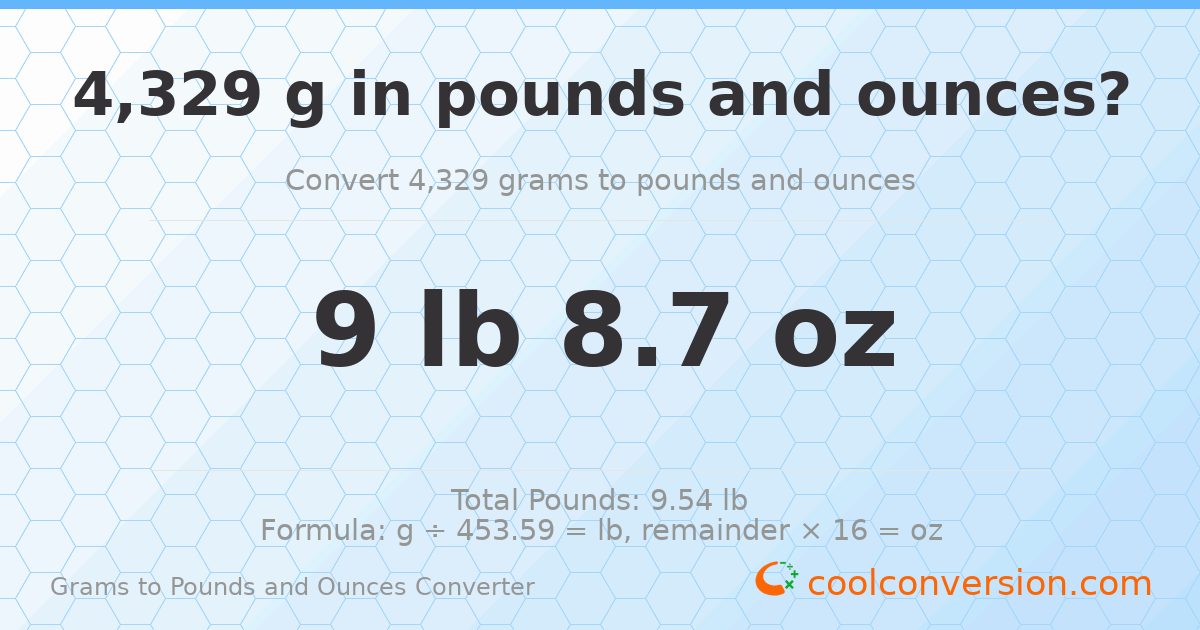 4329 g to lb and oz — 4329 g = 9 lb 8.7 oz