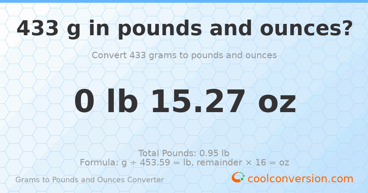 433 g to lb and oz — 433 g = 0 lb 15.27 oz