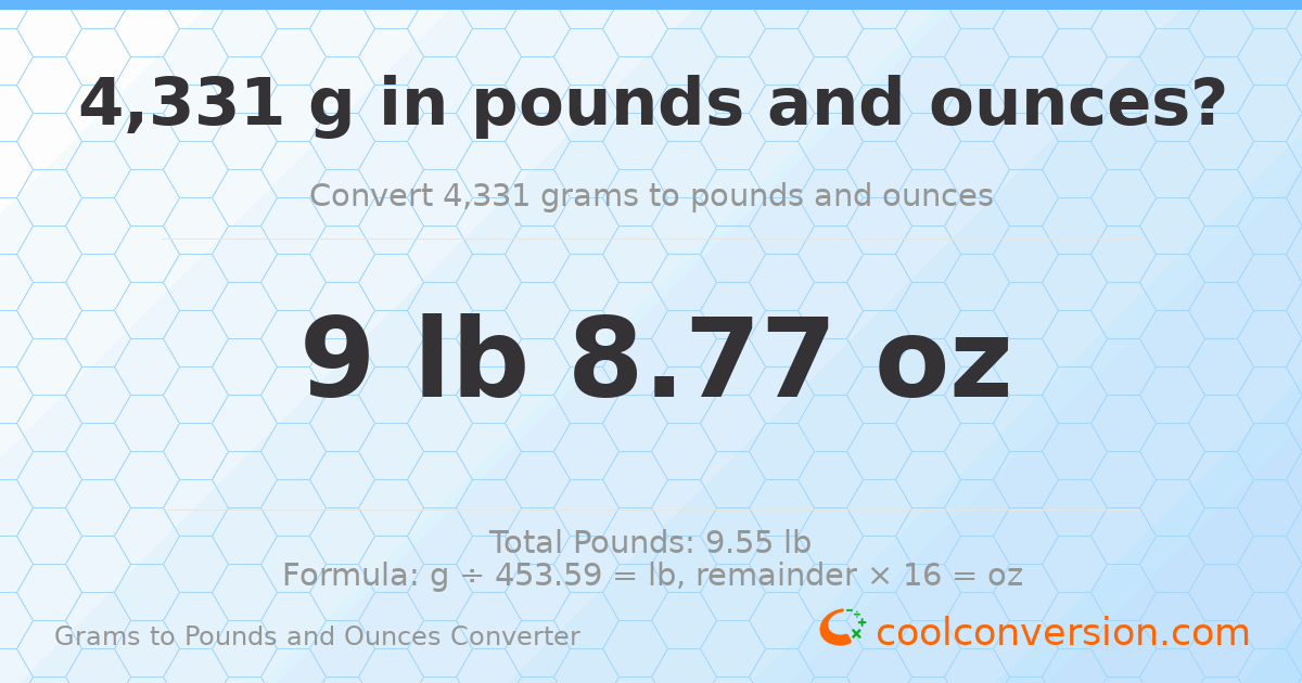4331 g to lb and oz — 4331 g = 9 lb 8.77 oz