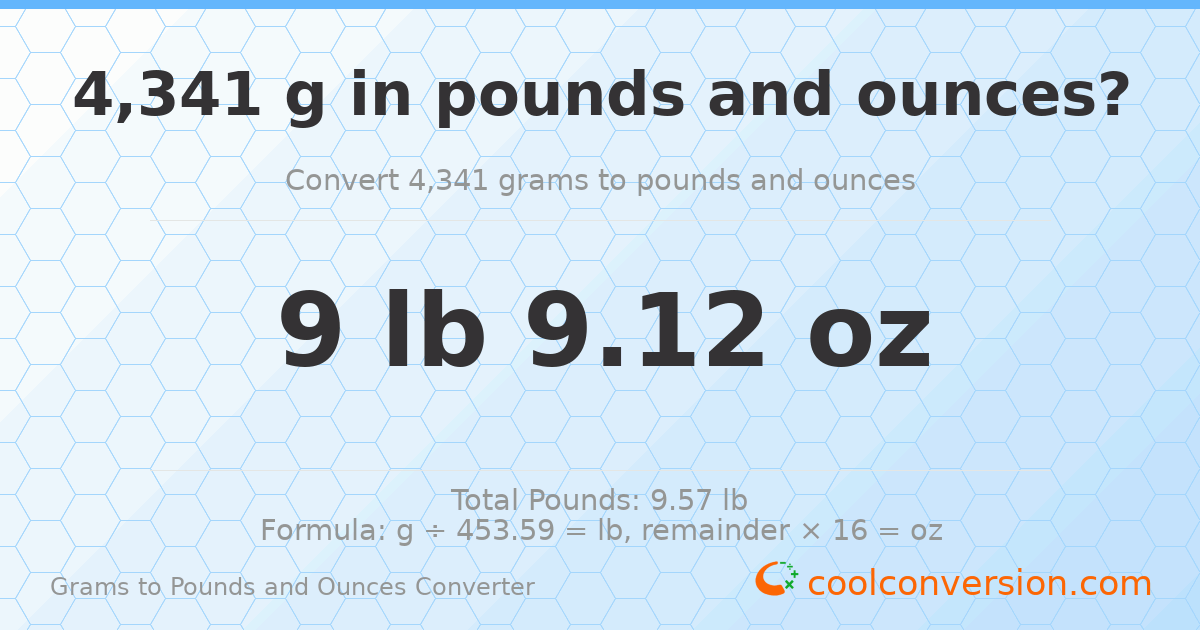 4341 g to lb and oz — 4341 g = 9 lb 9.12 oz