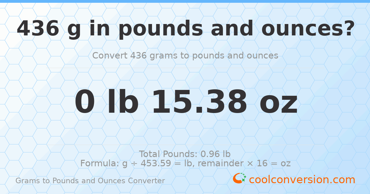 436 g to lb and oz — 436 g = 0 lb 15.38 oz
