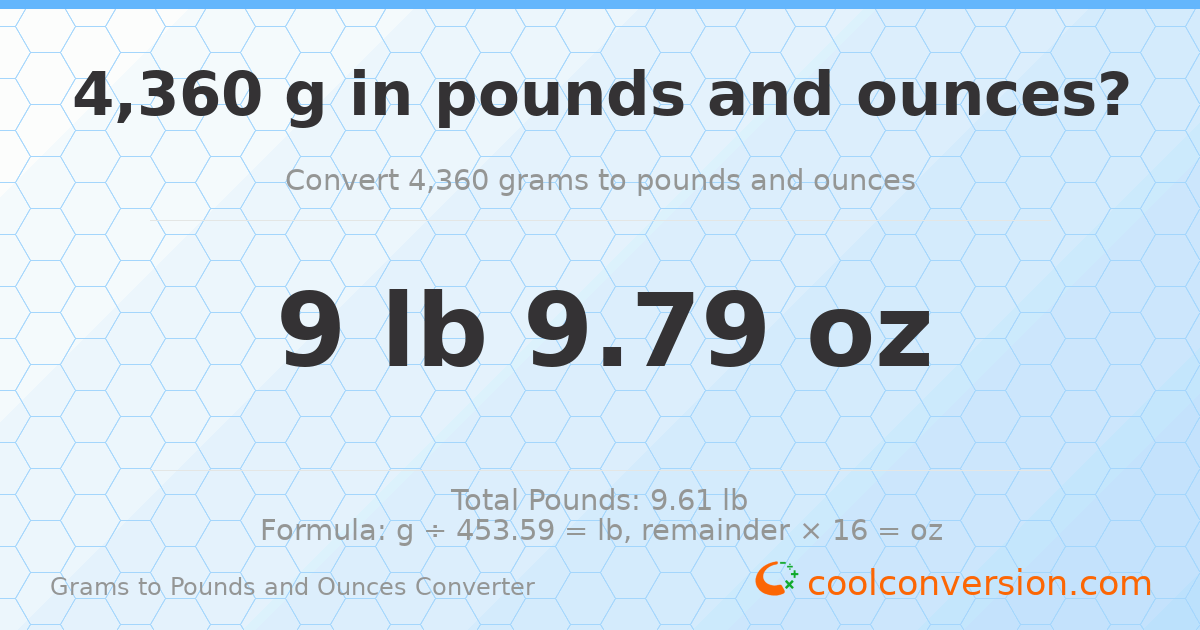 4360 g to lb and oz — 4360 g = 9 lb 9.79 oz