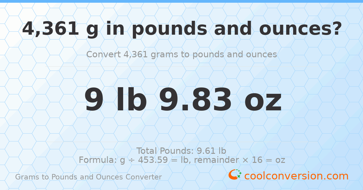 4361 g to lb and oz — 4361 g = 9 lb 9.83 oz