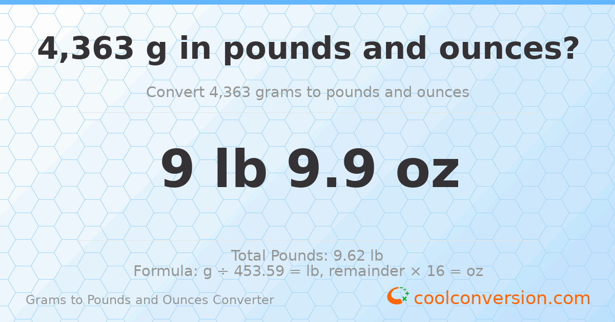 4363 g to lb and oz — 4363 g = 9 lb 9.9 oz