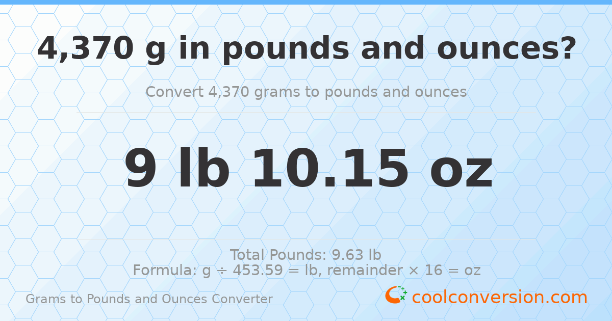 4370 g to lb and oz — 4370 g = 9 lb 10.15 oz
