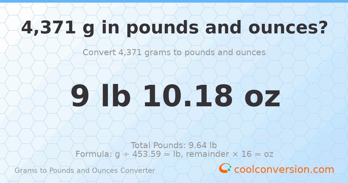 4371 g to lb and oz — 4371 g = 9 lb 10.18 oz