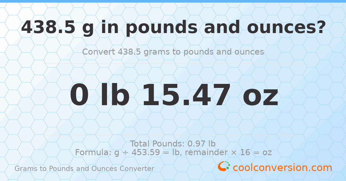438.5 g to lb and oz — 438.5 g = 0 lb 15.47 oz