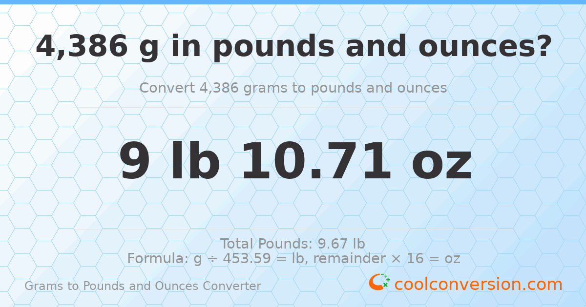 4386 g to lb and oz — 4386 g = 9 lb 10.71 oz