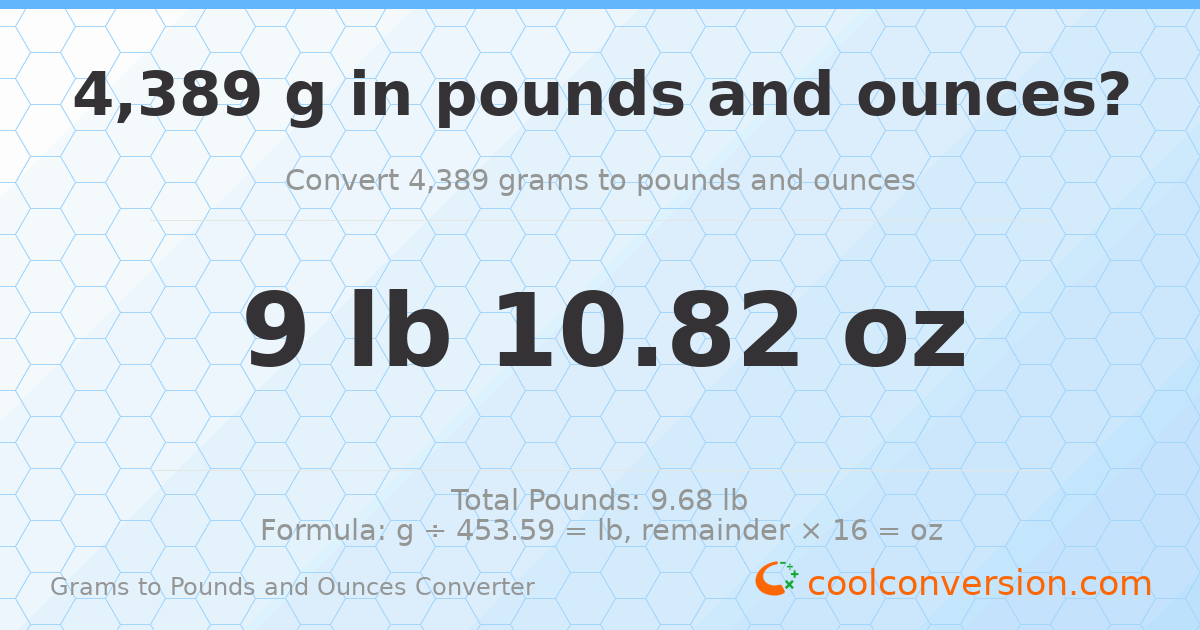 4389 g to lb and oz — 4389 g = 9 lb 10.82 oz