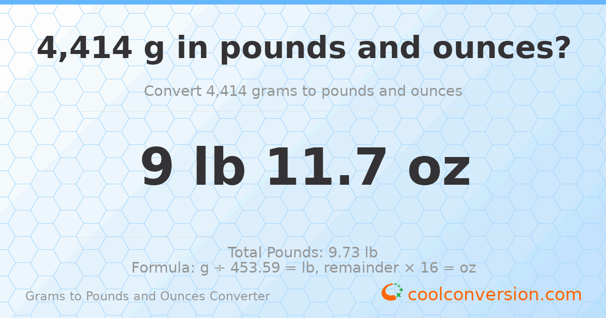 4414 g to lb and oz — 4414 g = 9 lb 11.7 oz