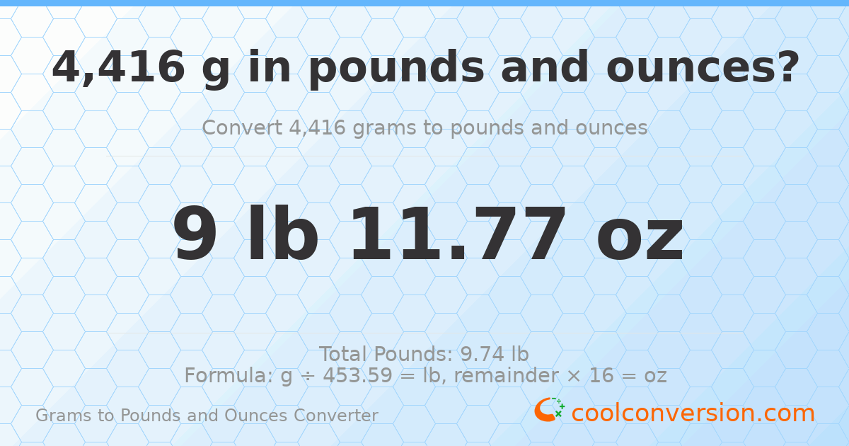 4416 g to lb and oz — 4416 g = 9 lb 11.77 oz