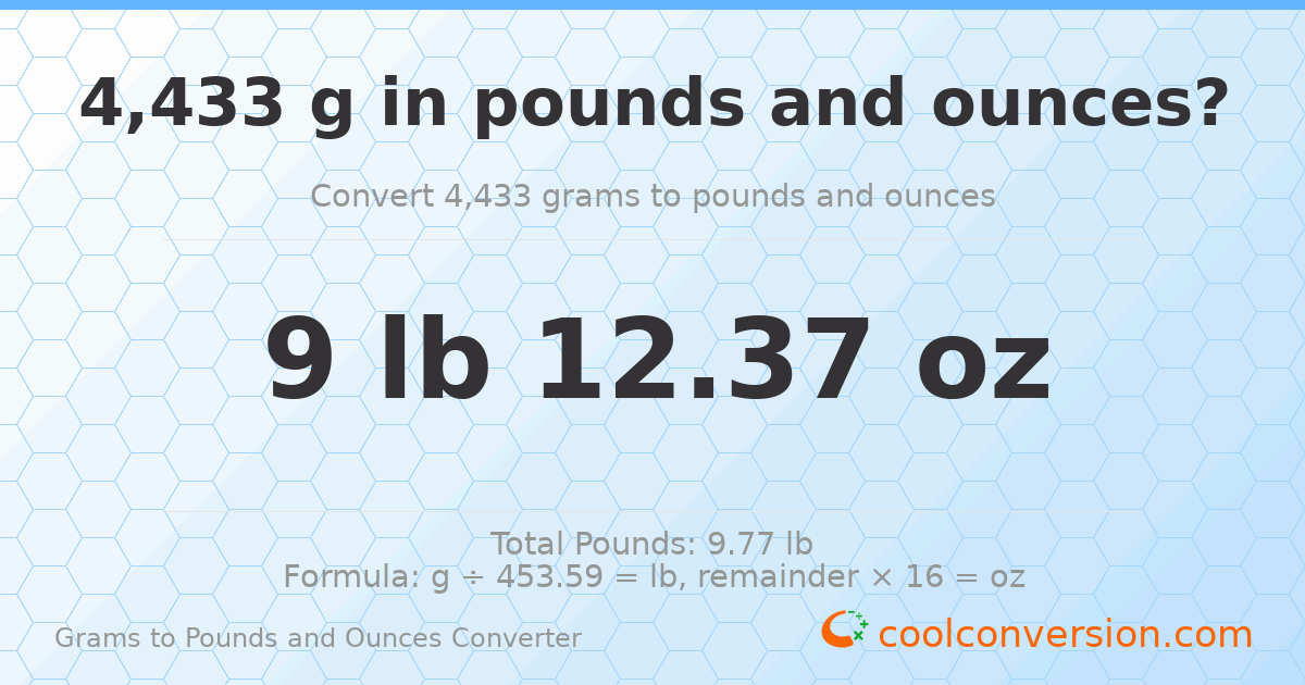 4433 g to lb and oz — 4433 g = 9 lb 12.37 oz