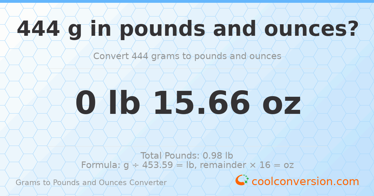 444 g to lb and oz — 444 g = 0 lb 15.66 oz