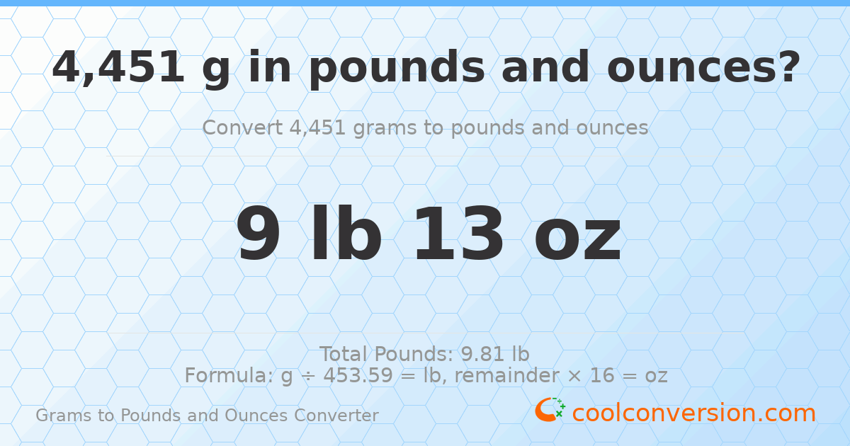 4451 g to lb and oz — 4451 g = 9 lb 13 oz