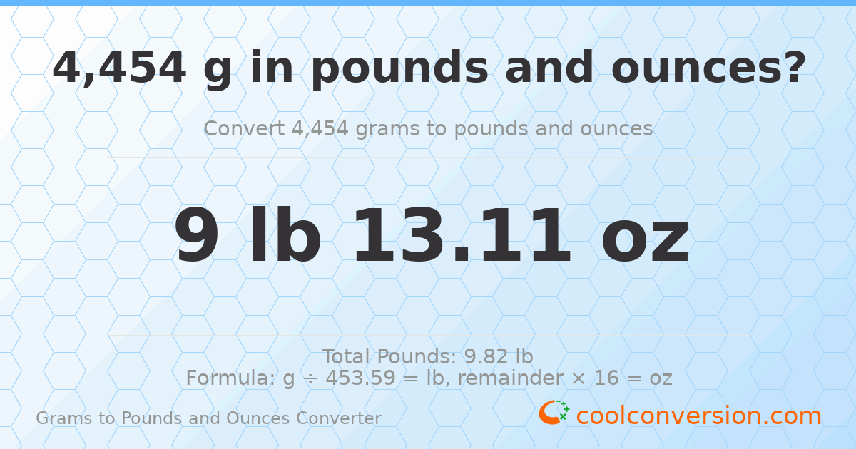 4454 g to lb and oz — 4454 g = 9 lb 13.11 oz