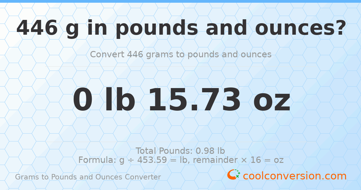 446 g to lb and oz — 446 g = 0 lb 15.73 oz