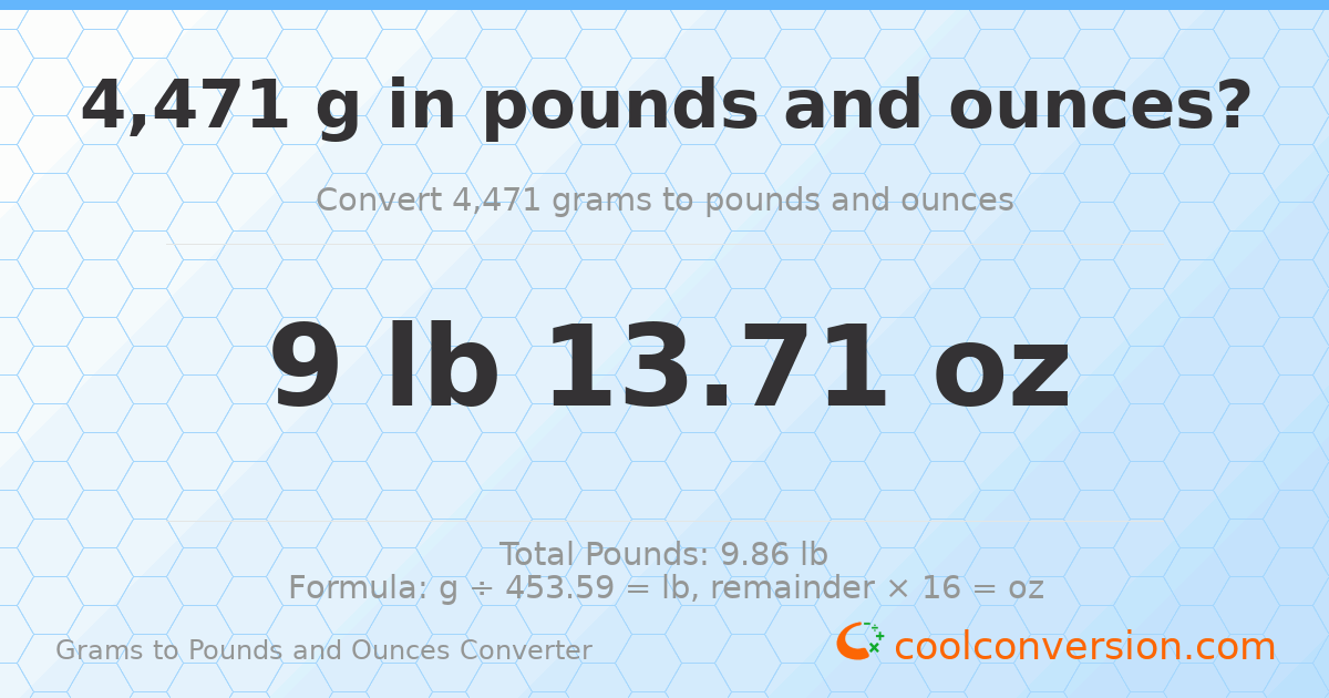 4471 g to lb and oz — 4471 g = 9 lb 13.71 oz