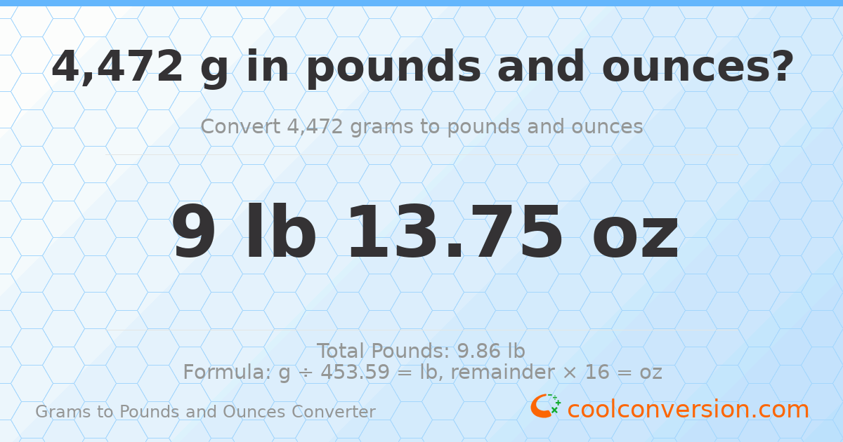 4472 g to lb and oz — 4472 g = 9 lb 13.75 oz