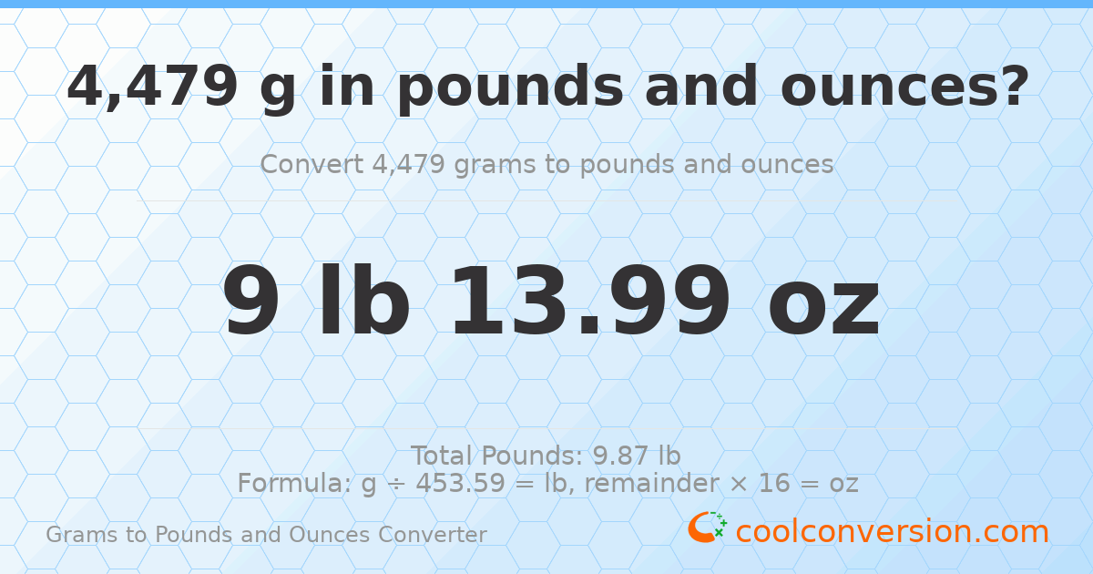 4479 g to lb and oz — 4479 g = 9 lb 13.99 oz