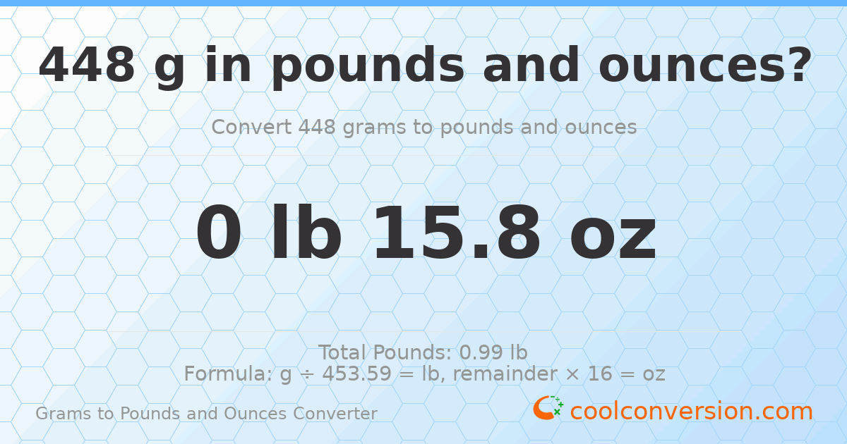 448 g to lb and oz — 448 g = 0 lb 15.8 oz
