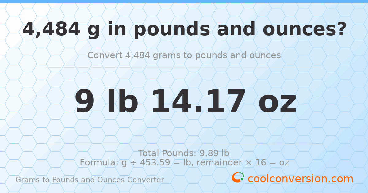4484 g to lb and oz — 4484 g = 9 lb 14.17 oz