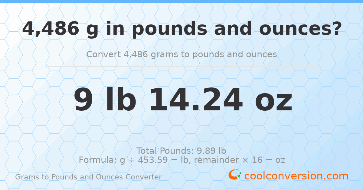 4486 g to lb and oz — 4486 g = 9 lb 14.24 oz