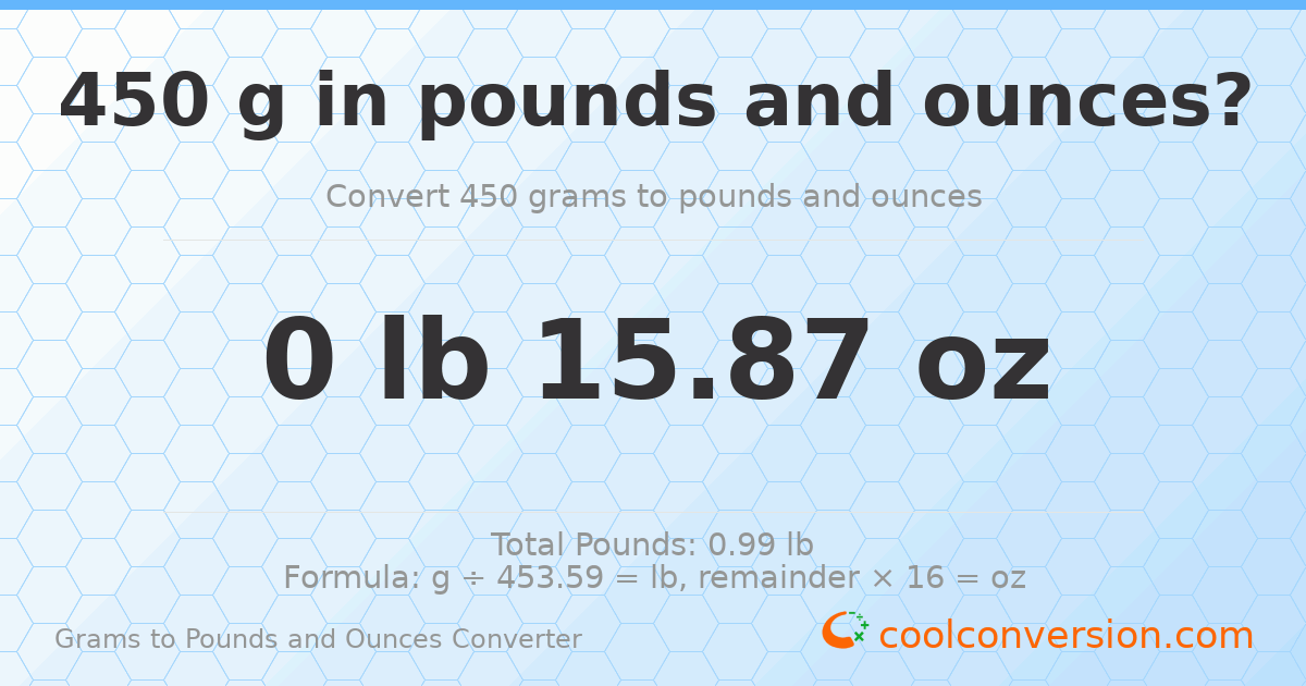 450 g to lb and oz — 450 g = 0 lb 15.87 oz