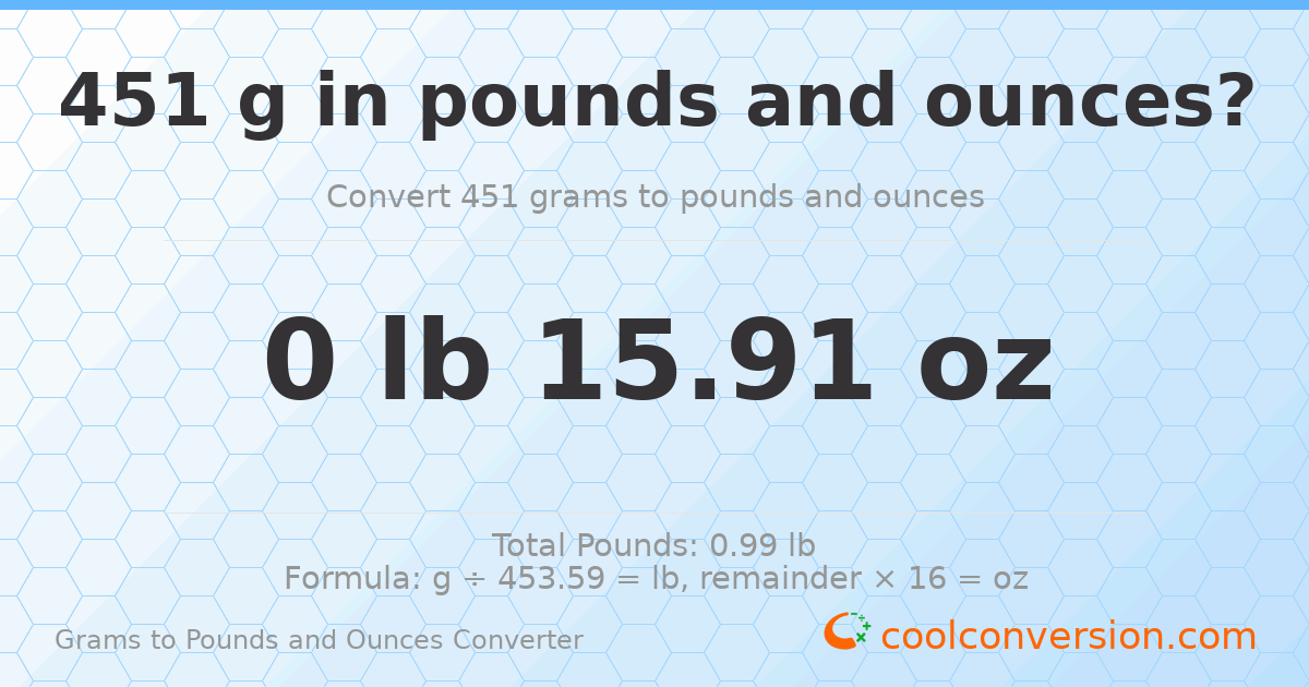 451 g to lb and oz — 451 g = 0 lb 15.91 oz