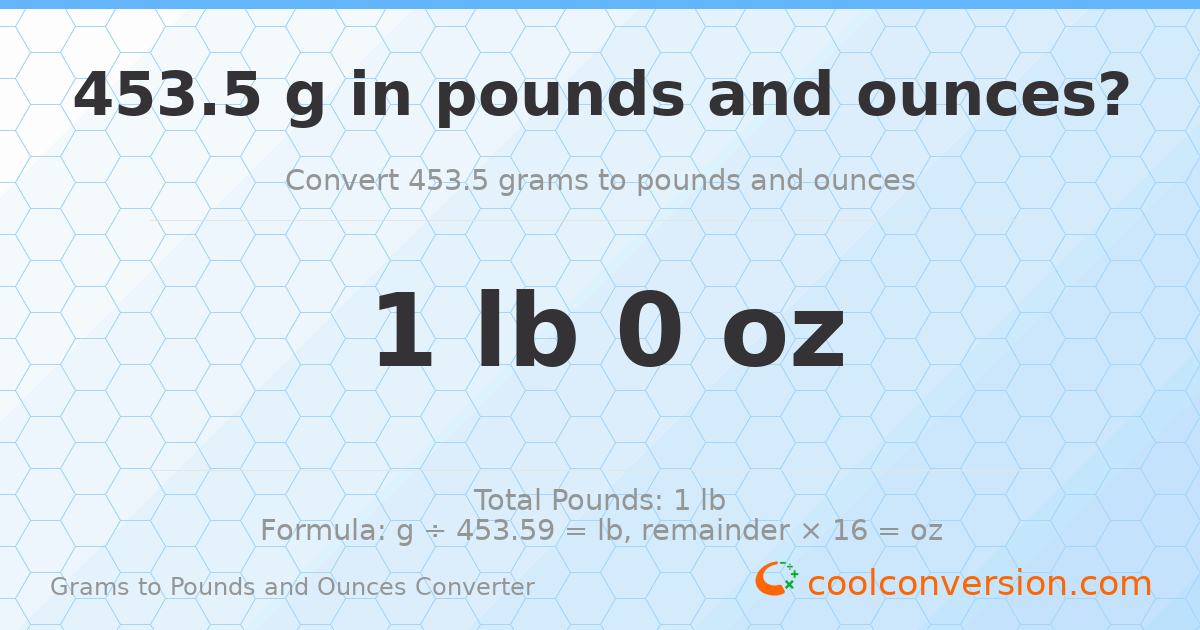 453.5 g to lb and oz — 453.5 g = 1 lb 0 oz