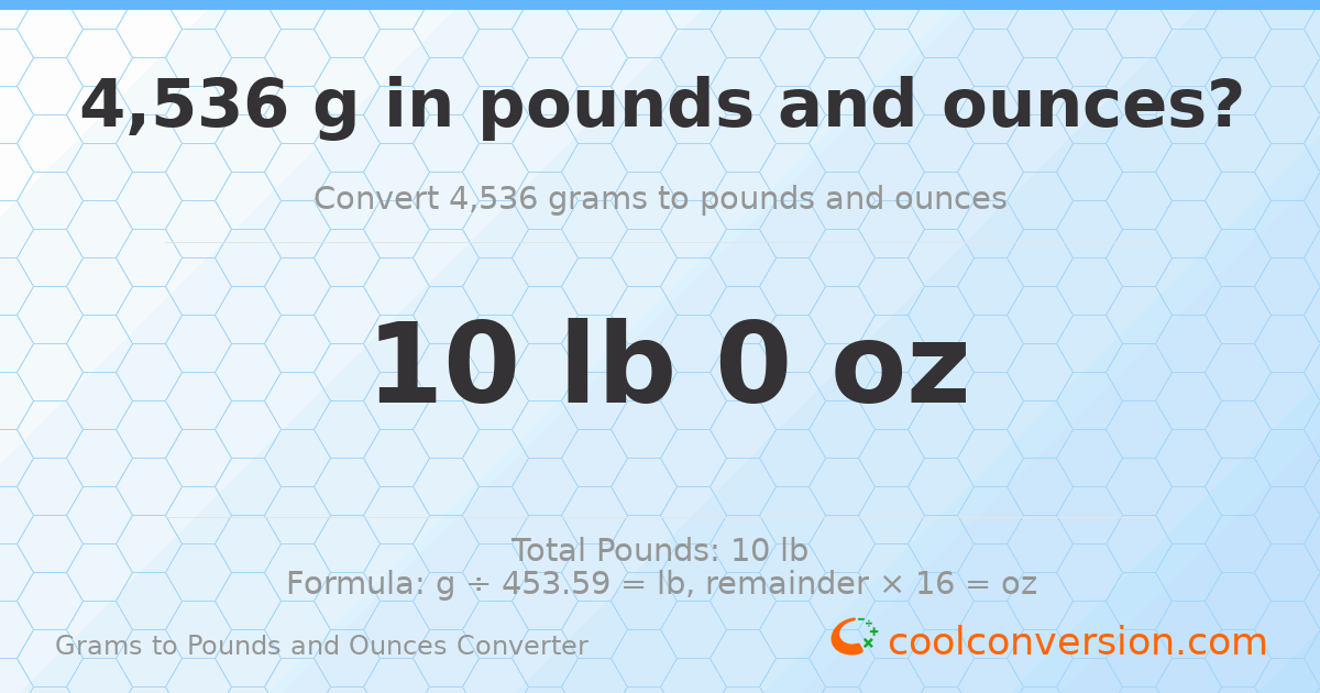 4536 g to lb and oz — 4536 g = 10 lb 0 oz