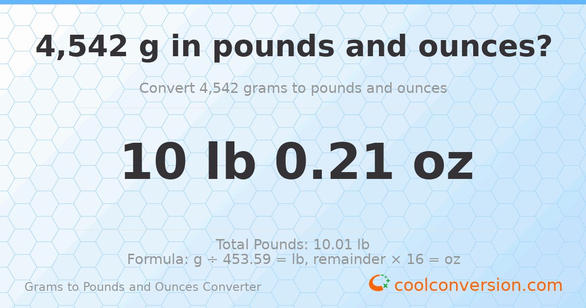 4542 g to lb and oz — 4542 g = 10 lb 0.21 oz