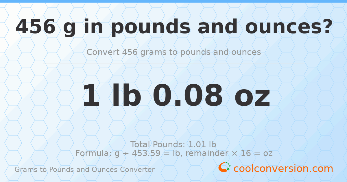 456 g to lb and oz — 456 g = 1 lb 0.08 oz