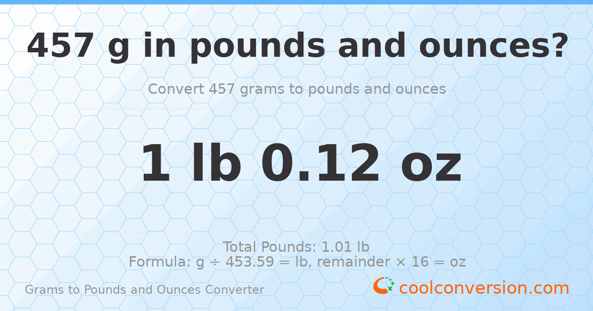 457 g to lb and oz — 457 g = 1 lb 0.12 oz