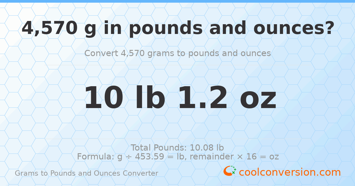 4570 g to lb and oz — 4570 g = 10 lb 1.2 oz