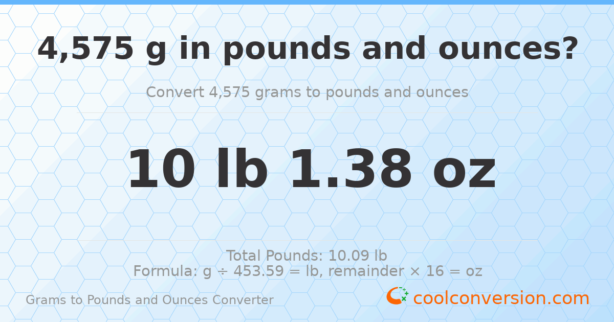 4575 g to lb and oz — 4575 g = 10 lb 1.38 oz