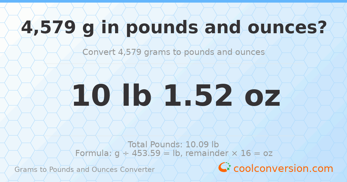 4579 g to lb and oz — 4579 g = 10 lb 1.52 oz