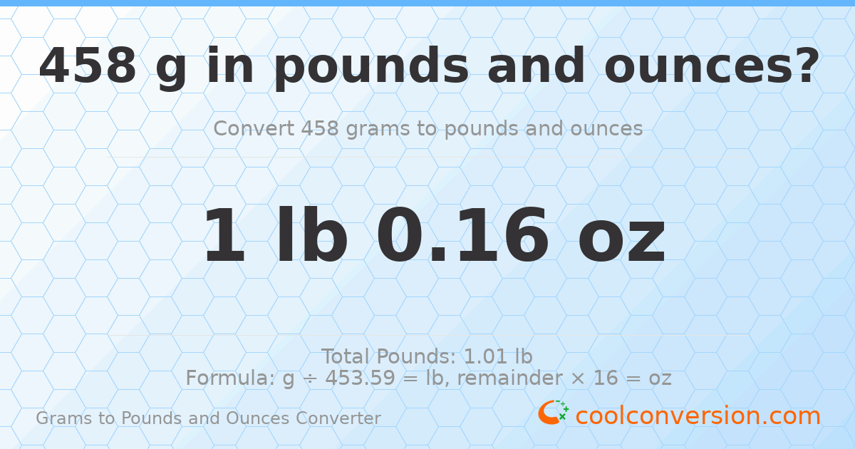 458 g to lb and oz — 458 g = 1 lb 0.16 oz