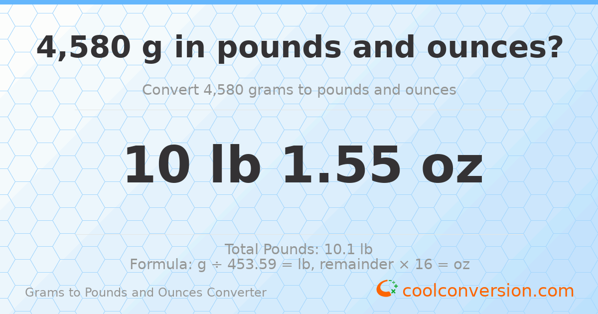 4580 g to lb and oz — 4580 g = 10 lb 1.55 oz