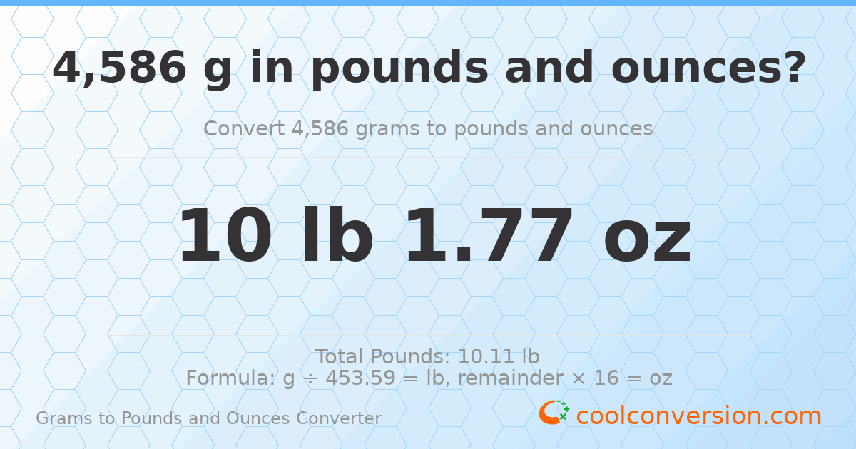 4586 g to lb and oz — 4586 g = 10 lb 1.77 oz