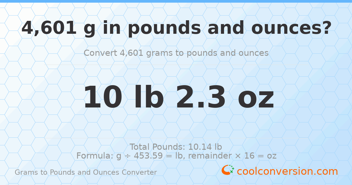 4601 g to lb and oz — 4601 g = 10 lb 2.3 oz