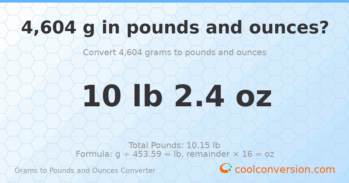 4604 g to lb and oz — 4604 g = 10 lb 2.4 oz
