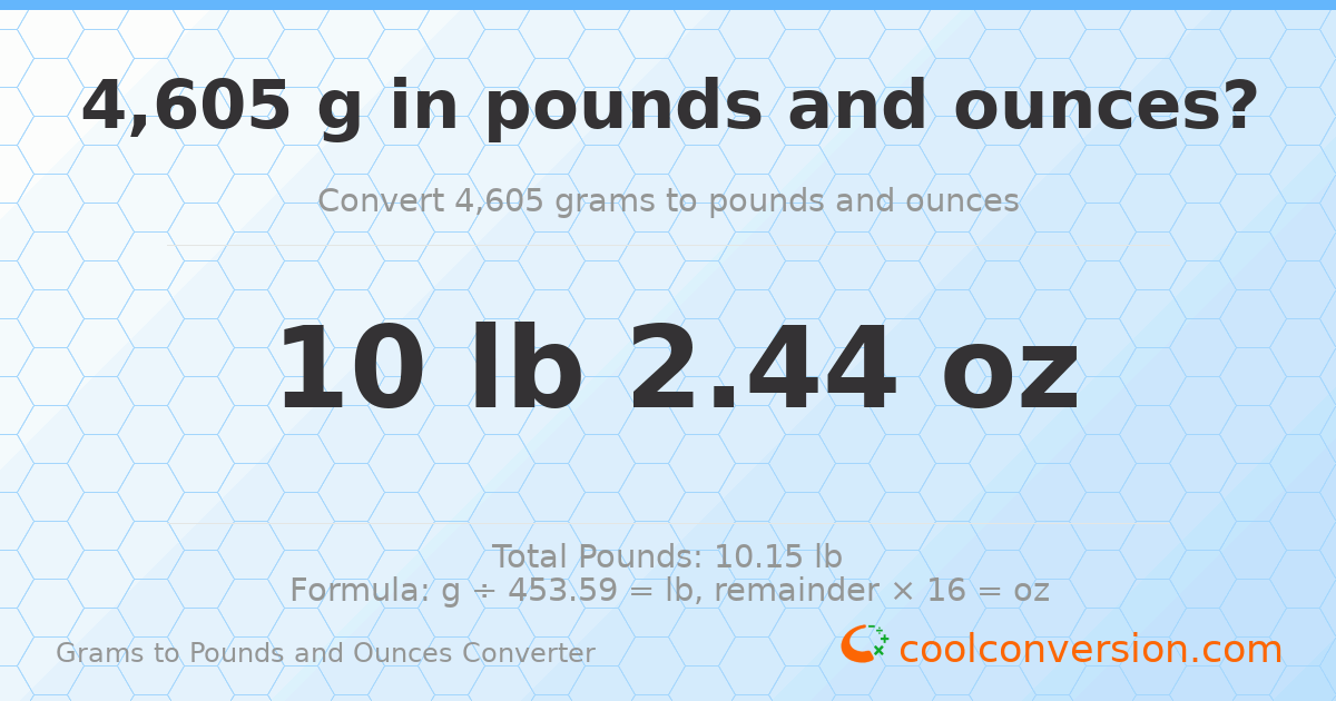 4605 g to lb and oz — 4605 g = 10 lb 2.44 oz