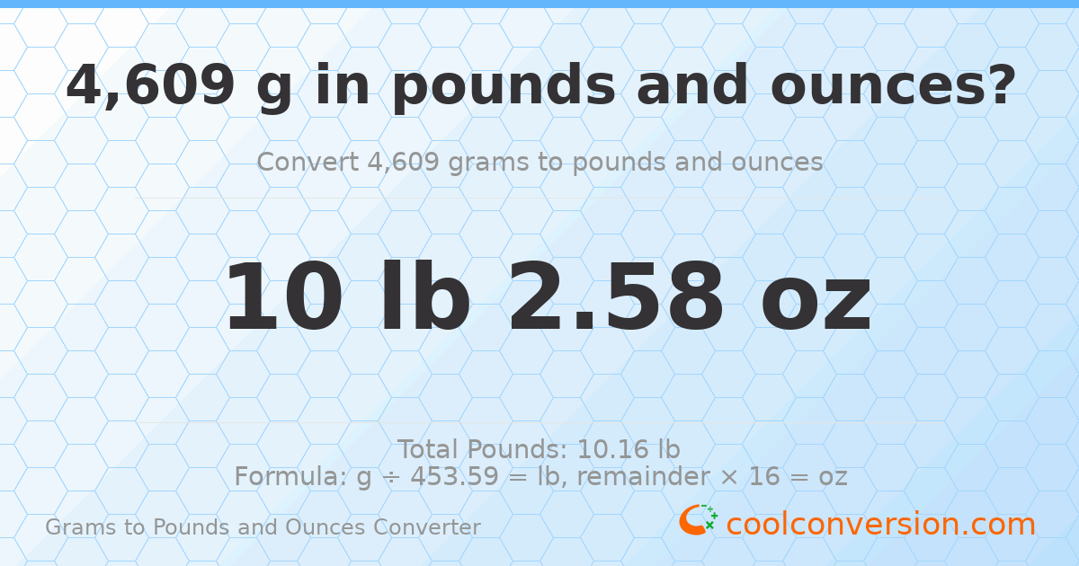 4609 g to lb and oz — 4609 g = 10 lb 2.58 oz
