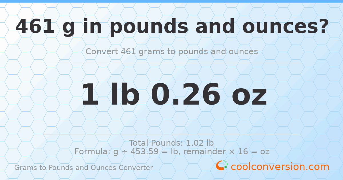 461 g to lb and oz — 461 g = 1 lb 0.26 oz