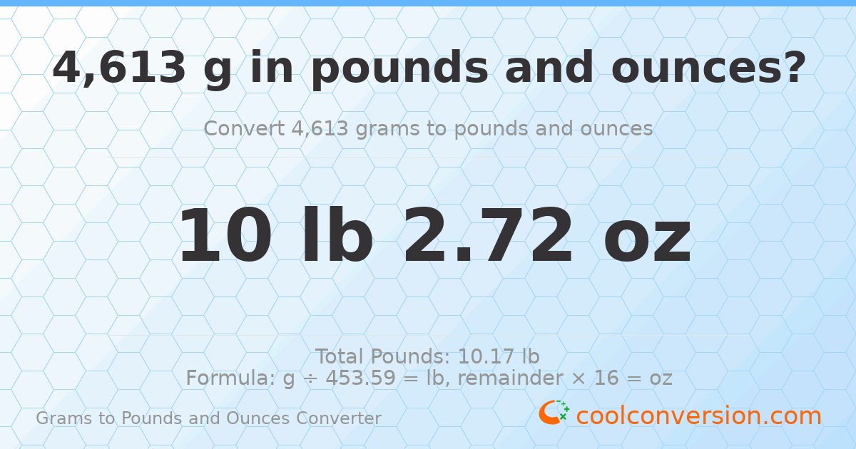 4613 g to lb and oz — 4613 g = 10 lb 2.72 oz