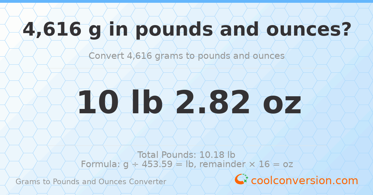 4616 g to lb and oz — 4616 g = 10 lb 2.82 oz