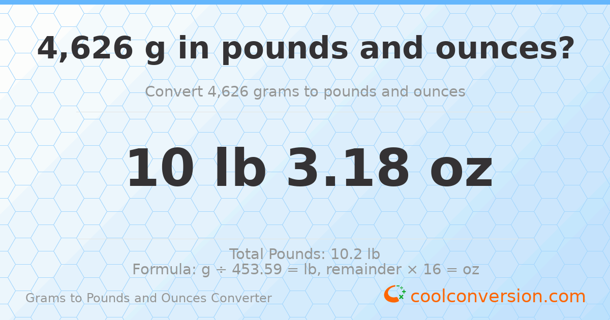 4626 g to lb and oz — 4626 g = 10 lb 3.18 oz