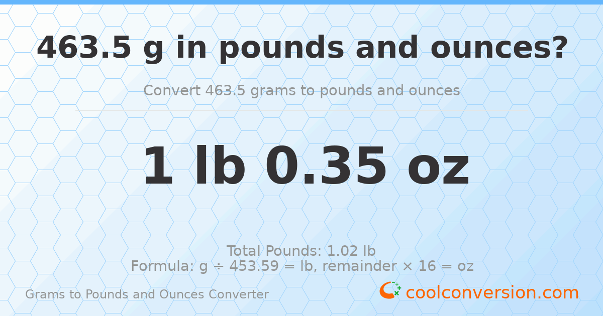 463.5 g to lb and oz — 463.5 g = 1 lb 0.35 oz