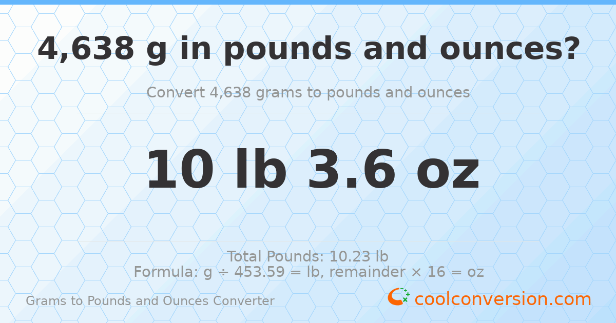 4638 g to lb and oz — 4638 g = 10 lb 3.6 oz